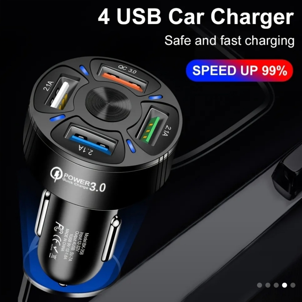 4 In 1 USB Car Charger, 4 Ports Fast Charger Adapter for Phones